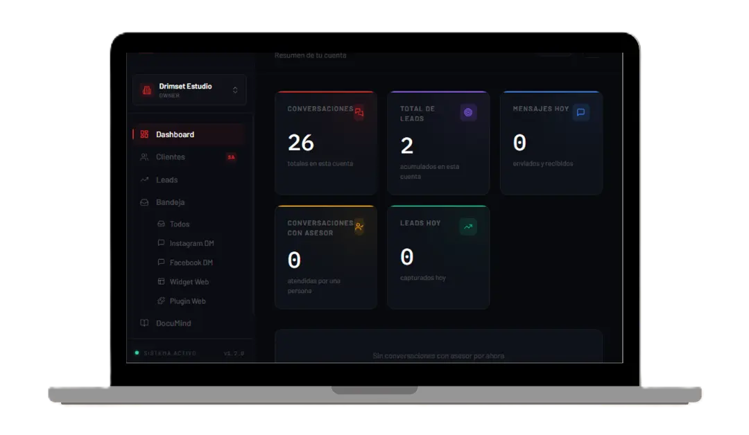 Dashboard de Drimchat AI mostrando panel de control inteligente para gestión de conversaciones y análisis de datos en tiempo real