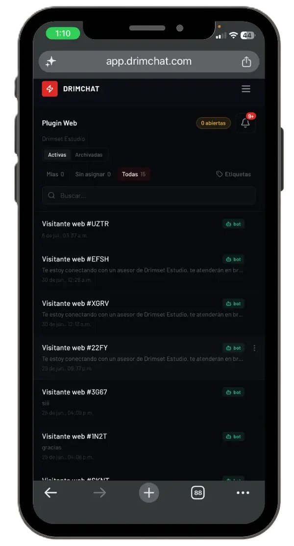 Bandeja de entrada de Drimchat AI para gestión multicanal de mensajes